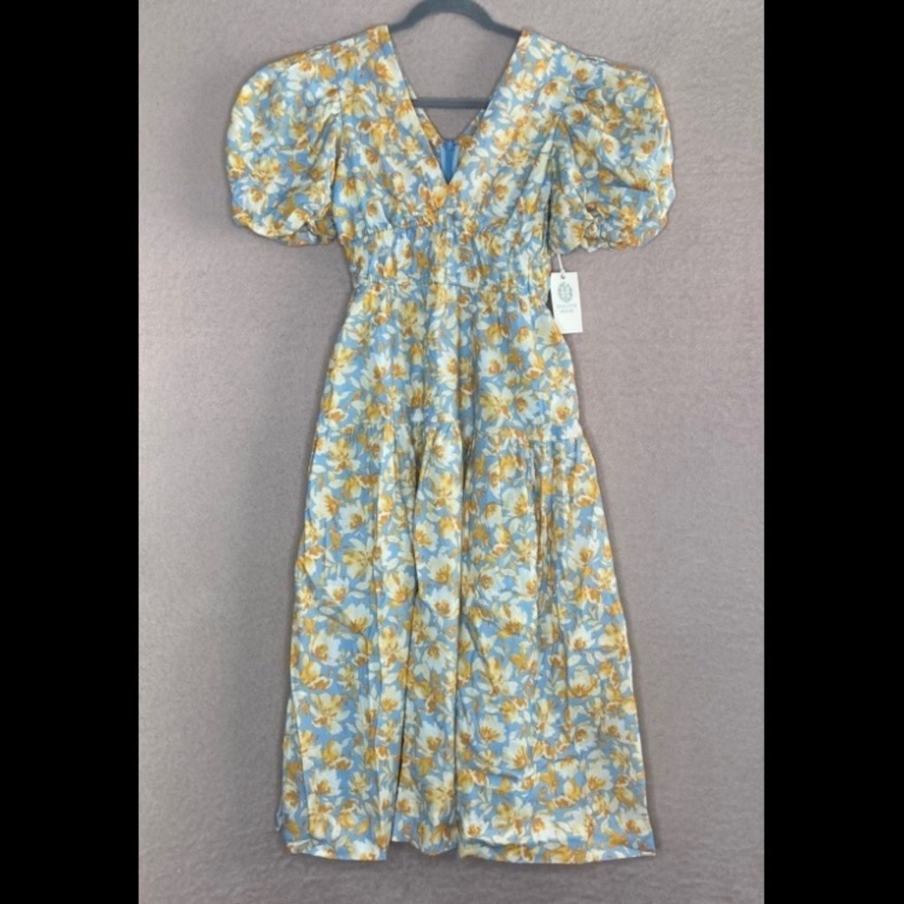 NEW Tuckernuck Puff Sleeve Midi Dress Women XXS Blue/Orange Floral HyacinthHouse - Picture 3 of 11